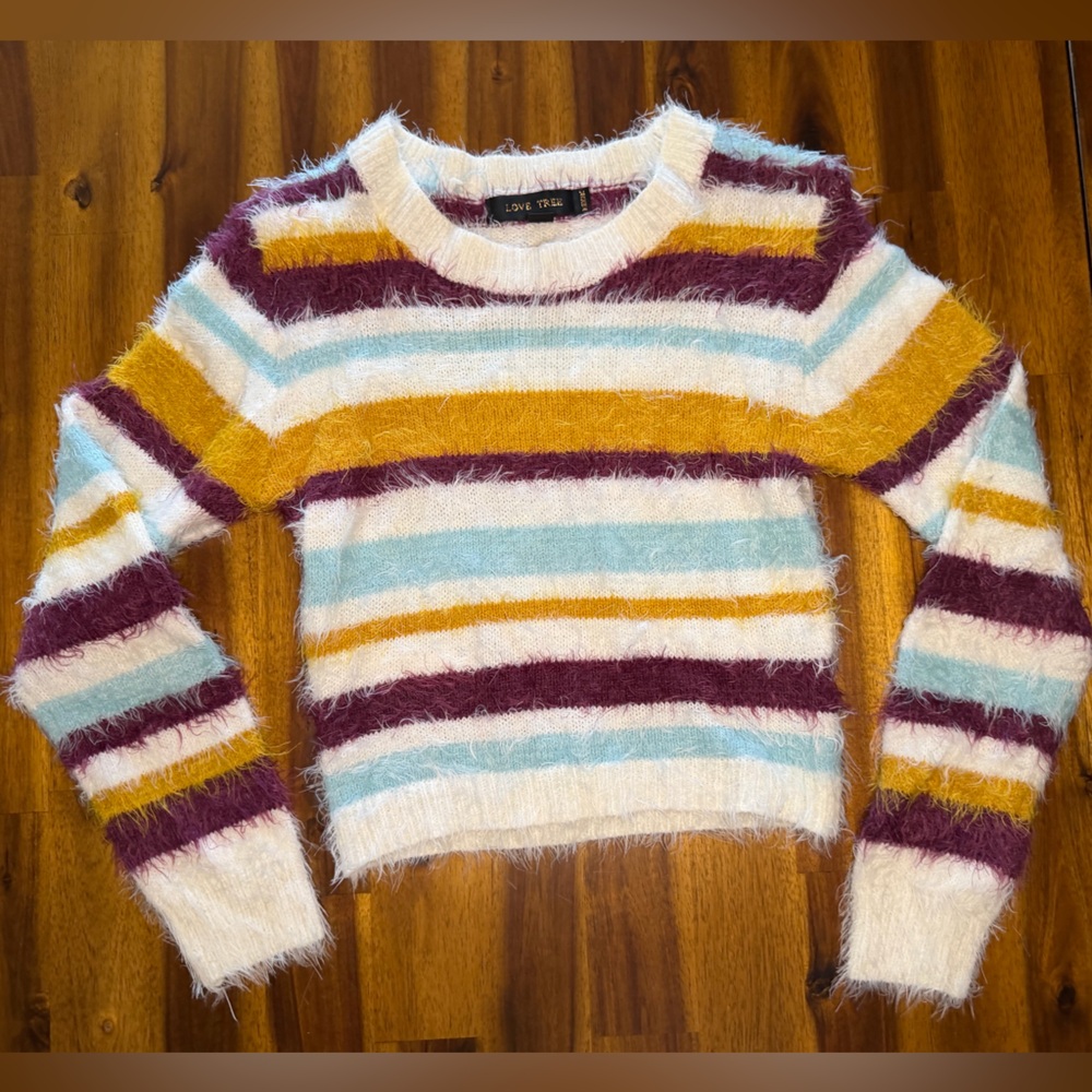Love Tree Fuzzy Soft Cropped Striped Sweater - Purple, Gold, Blue